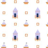 Sea pattern with a beach house and a small ship on a white background vector
