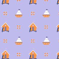 Children's pattern with a beach house and a small ship vector