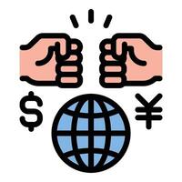 Trade war icon flat line style illustration representing economic conflict between nations through tariffs and trade barriers, suitable for international relations, economic policy vector