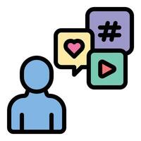 Influencer Social Media icon in flat line style illustration depicts a person or avatar with social media interface elements like likes, comments, and share icons around them vector