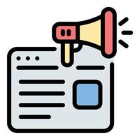 Blogger advertising icon flat line style illustration representing promotional content created by influencers or content creators, suitable for digital marketing, brand partnerships, vector