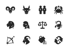 Zodiac signs solid icon collection showing all twelve symbols. vector