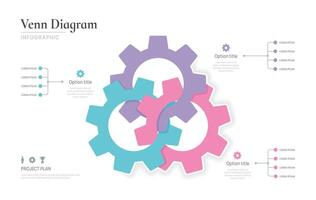 Venn diagram business infographic circle chart template 3 gear options, presentation with venn diagram elements illustration. vector