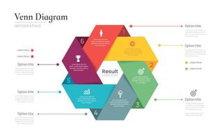 Venn diagram business infographic circle chart template 6 steps options, presentation with venn diagram elements illustration. vector