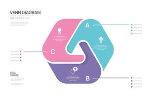 Venn diagram infographic chart template for business 3 step options presentation with icon elements illustration. vector