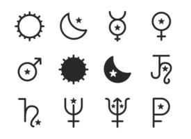 Collection of zodiac astrology symbols including planets and celestial icons, line icon. vector