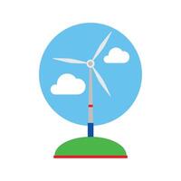 A wind turbine standing in a lush green field beneath a bright blue sky vector