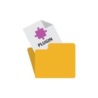 Ecommerce CMS Website Plugins icon with yellow folder and files concept. Website plugins for boosting digital marketing, UX and SEO. Web Developer Extensions and plug-ins in flat design vector