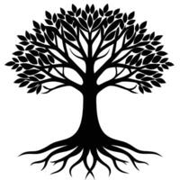 Black silhouette of a majestic tree with spreading roots and leaves white vector
