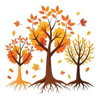 Autumn trees with exposed roots and falling leaves orange leaves vector