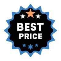 Blue and black badge with B E S T P R I C E text and star accents on white background vector