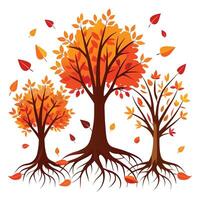Autumn trees with exposed roots and falling leaves orange leaves red leaves vector