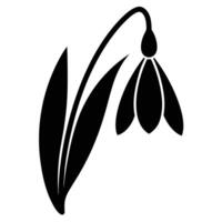 Black silhouette of a single snowdrop flower with leaves icon vector