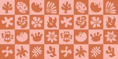 Seamless summer pattern of simple hand drawn elements. Retro linocut style ornament with tropical leaves, colors and shapes vector
