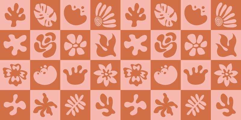 Seamless summer pattern of simple hand drawn elements. Retro linocut style ornament with tropical leaves, colors and shapes