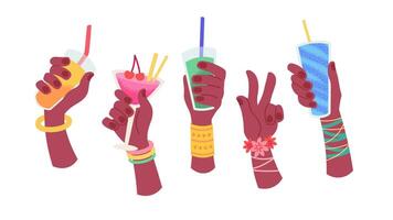 Hands with summer cocktails. Flat hand with lemonades, fresh drinks, smoothies. Elements for party vector
