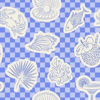 Marine seamless pattern in blue and white color. Ornament with pen drawn doodles of beach elements. minimalistic fabric swatch vector