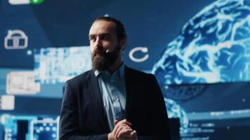 IT engineer hosting public speaking event to present new AI tech tools, showcasing neural networks brain system for automation. Businessman speaker gives pitch for deep learning. Camera A. photo