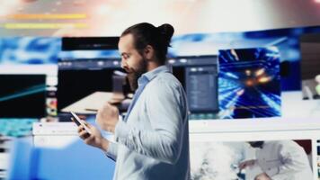 E commerce expert connecting on social media web platforms, networking creativity and online engagement in a digital world powered by mobile phone connection. digitalization. Camera A. photo