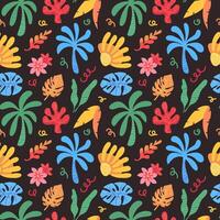 Colorful tropical leaves and flowers pattern vector