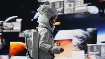 Curious astronaut standing on a distant planet in space suit and helmet, collecting samples beneath the sky filled with stars. Exploring alien worlds and cosmic frontiers in a space craft. Camera A. photo
