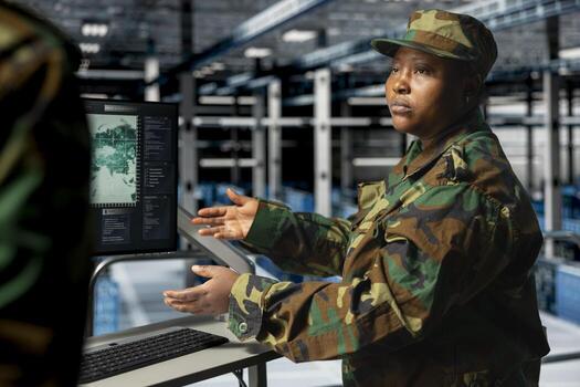 Army tech specialist in data center and coworker at workstation troubleshooting military computer systems. Soldier and command center server room admin looking at intel on display photo