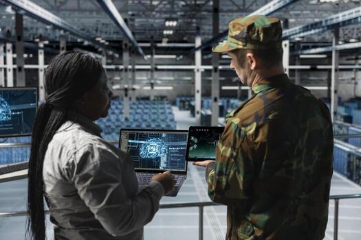 Team of army workers in data center identifying potential threats through automated AI scanning. Military units in server room gathering aerial intelligence using machine learning technology photo
