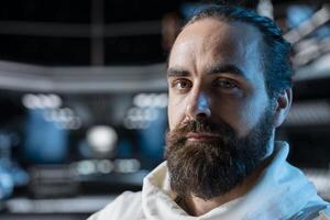 Close up portrait of cosmonaut preparing for planetary mission outside, testing habitats. Man in orbital station beginning landing procedures on solar system planet, mapping unknown worlds photo