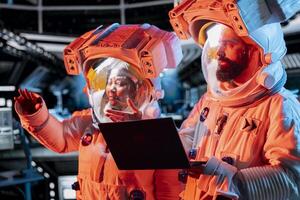 Astronauts team responds to system failure after radiation warning triggers emergency lights. Starship crew members wearing helmets to prevent radiation, investigating breach photo