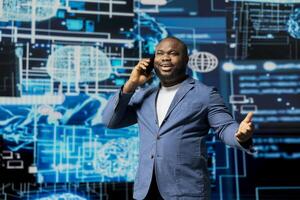 Business professional engaged in a phone call about deep learning tasks, surrounded by a virtual interface showcasing AI research, network connectivity and high tech innovation. photo