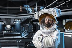 Portrait of astronaut researcher exploring deep space, carrying out research aboard spacecraft. Scientist wearing cosmonaut gear in spaceship gathering samples for scientific study photo