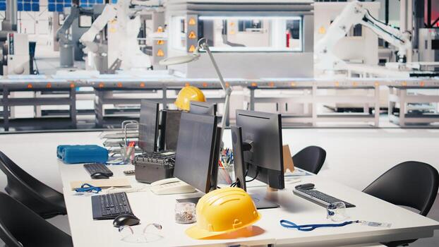 CAD program on PC monitor in photovoltaics factory used for production line design. Simulation software on computer screen in empty solar panels plant next to yellow hardhat Clean energy photo