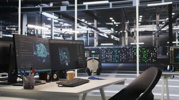 Server hub PC screens tracking rackmounts processing large scale machine learning datasets for artificial intelligence operations. Computer displays monitoring gear used in AI model development photo