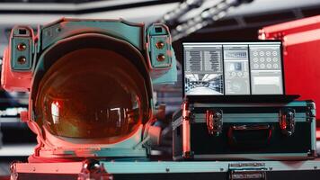 Failed mission alert blinking over space helmet next to laptop in spacecraft displaying cosmic journey analytics. Critical error warning in starship with notebook doing readouts for planet voyage photo