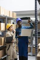Factory operations rely on warehouse staff who manage pallets and cargo, overseeing order shipment and organizing shelving systems for effective inventory management and transportation. photo