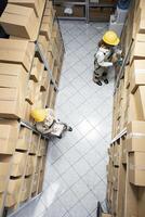 Retail supply chain operations ensured by diverse employees to manage depot inventory, organizing products and coordinating shipment using logistics systems and barcode tracking. photo