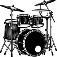Black and white illustration of a complete drum kit with cymbals and stands drums percussion vector