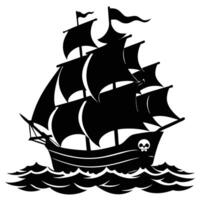 Black silhouette of a pirate ship with skull flag sailing on waves skull and crossbones vector