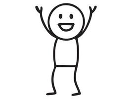 Black stick figure man expressing happy emotions in cartoon doodle style, illustration isolated on white background. concept of happiness, joyful character, art, graphic design element vector