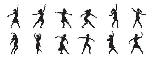 Silhouettes of dancing women in various poses, isolated on white background, graphic illustration. concept of dance, movement, female silhouettes, performance art, design element, ballet vector