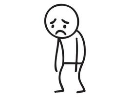 Black stick figure man showing sad emotion in simple cartoon doodle style, isolated on white background. concept of feelings, human, sketch art, expression, minimalist design vector