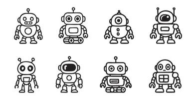 Set of Black outline of various cute robot toys isolated on white background, graphic illustration. concept of icon, futuristic design, playful robot, tech-inspired character vector