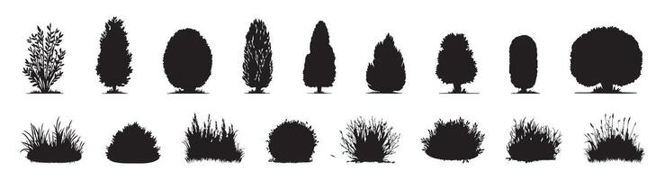Set of black silhouettes of various trees and bushes, isolated on white background, graphic illustration. concept of nature, landscape design, botany, plant collection, garden decor vector