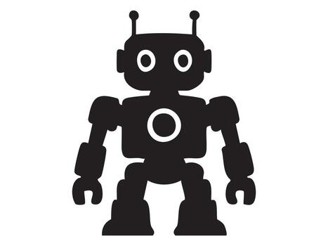 Black silhouette of robot toy isolated on white background, graphic illustration. concept of futuristic technology, artificial intelligence, sci-fi gadget, icon, design element vector