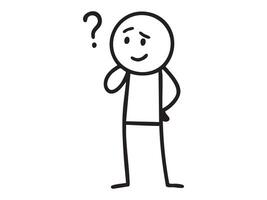 Black stick figure man with question mark showing emotions, isolated on white background, cartoon doodle. concept of questioning, confusion, simple illustration, design element. vector