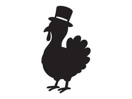 Black silhouette of turkey wearing top hat, isolated on white background, graphic illustration. concept of bird, thanksgiving, festive decor, icon, logo, design element vector
