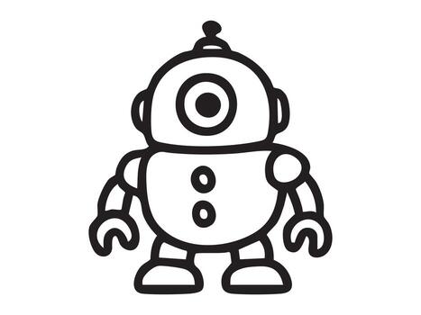 Black outline of robot toy isolated on white background, graphic illustration. concept of icon, logo, futuristic toy, technology, design element, robotics, sci-fi. vector