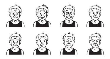 Set of old man faces with different emotional expressions isolated on white background. Concept of senior male character, facial emotions, aging psychology, avatar collection, design elements vector