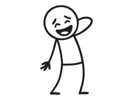 Black doodle stick figure of smiling man with hand raised, isolated on white background, cartoon illustration. concept of emotions, expressive character, playful drawing, design element vector