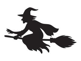 Black silhouette of witch flying on broom in spooky scene, isolated on white background, graphic illustration. concept of halloween, magic, fantasy, mysterious character, icon, logo vector